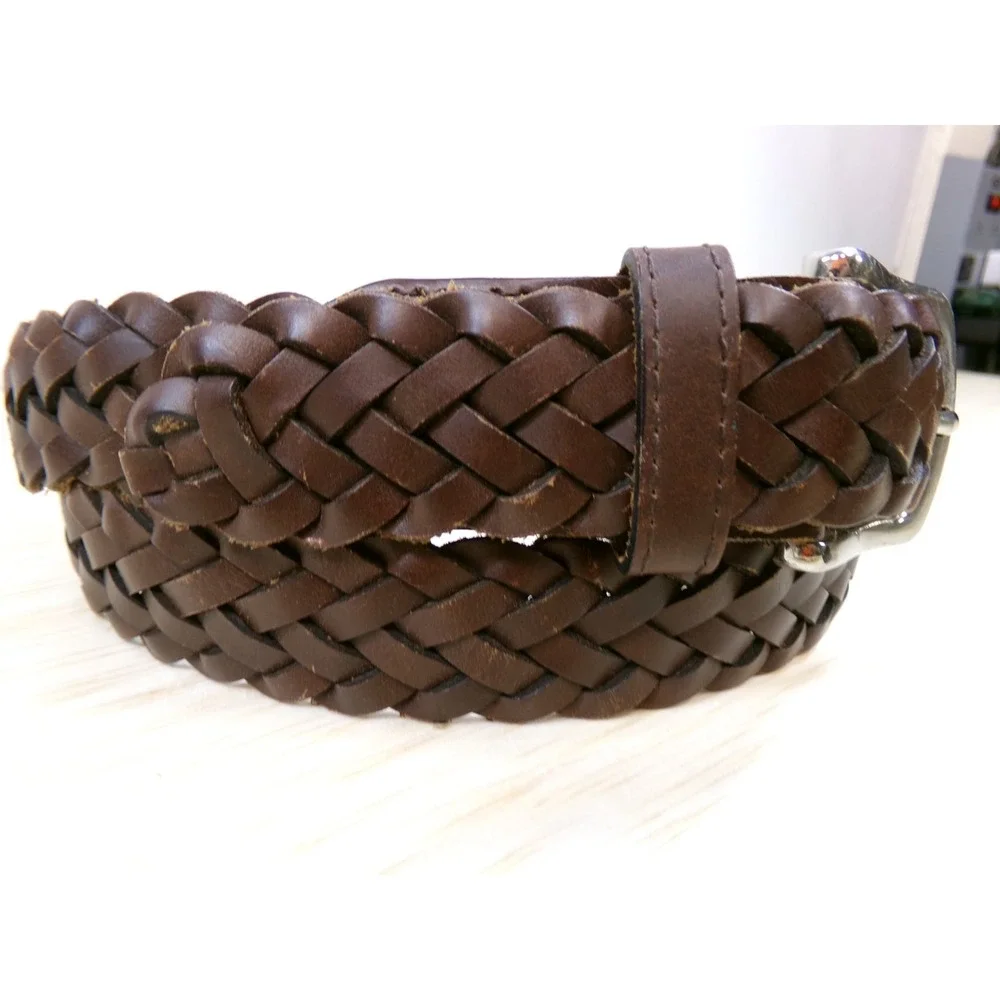 Fossil Men's Braided Leather Belt Brown Size 34 Silver Tone Buckle